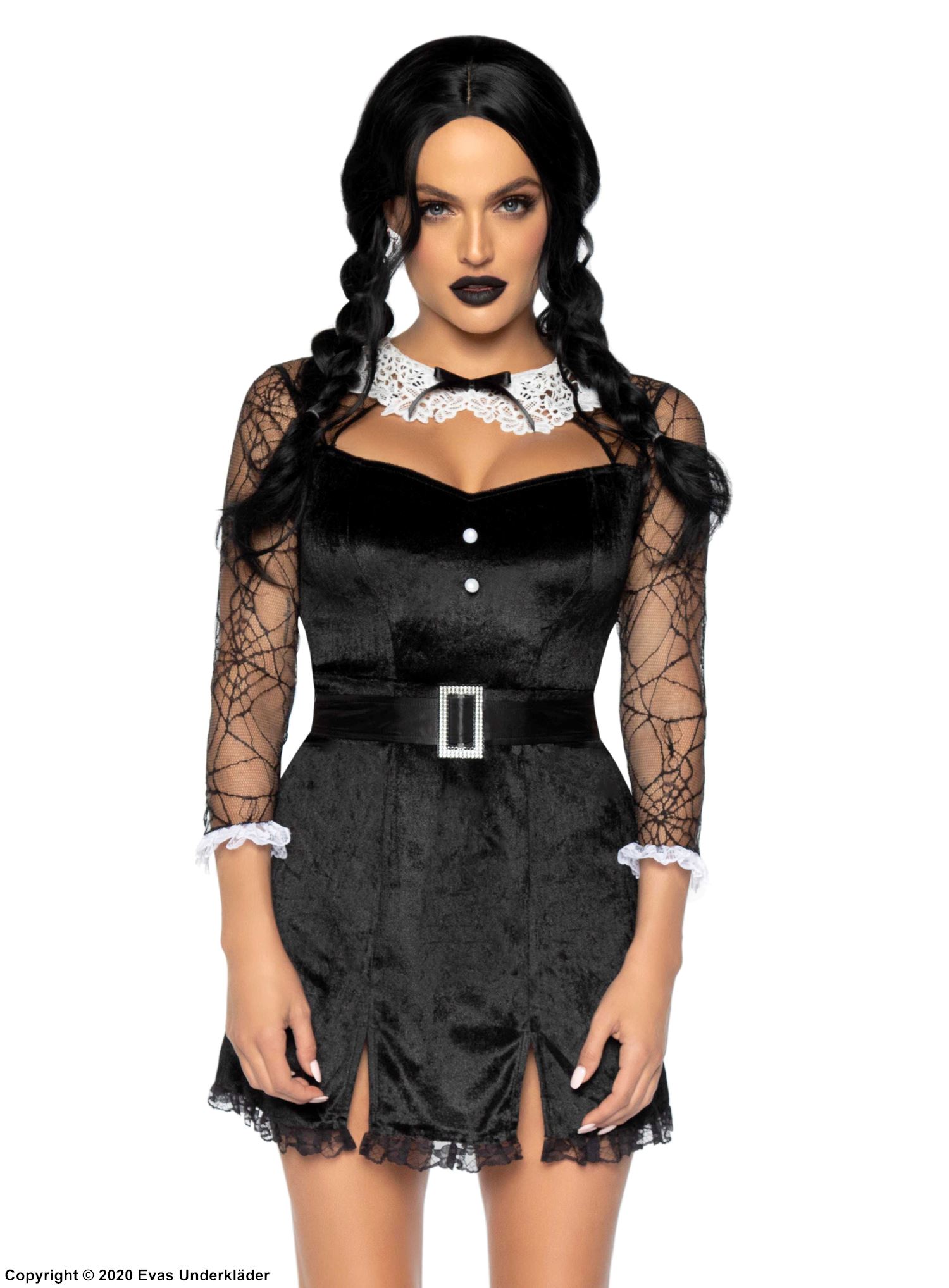 Wednesday from The Addams Family, costume dress, velvet, slit, spider web